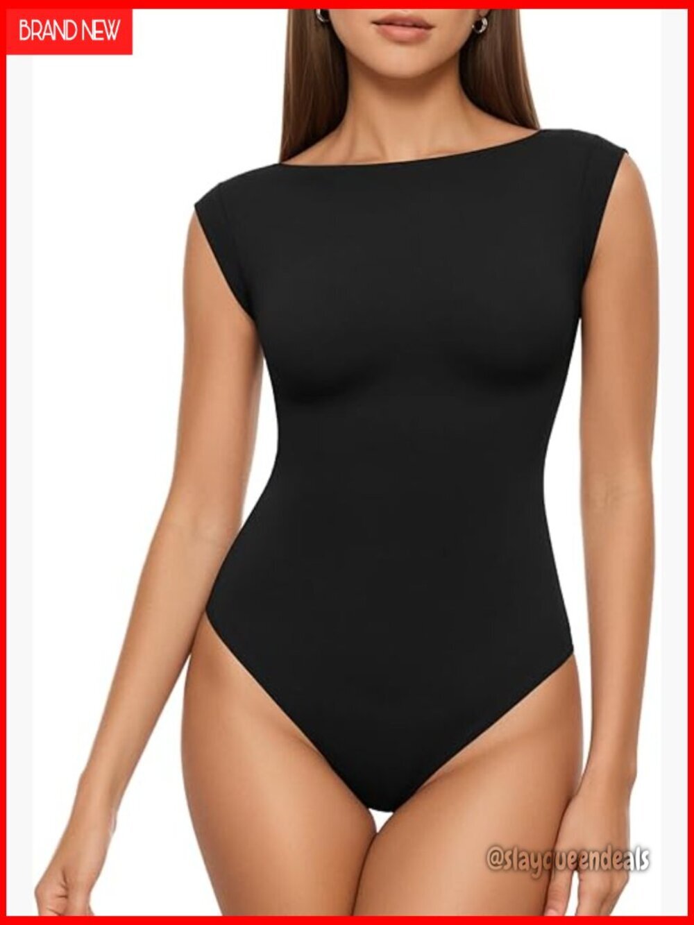 Large Boat Neck Bodysuit, Double Lined Cap Sleeve, Thong Design, Fitted Tank Top